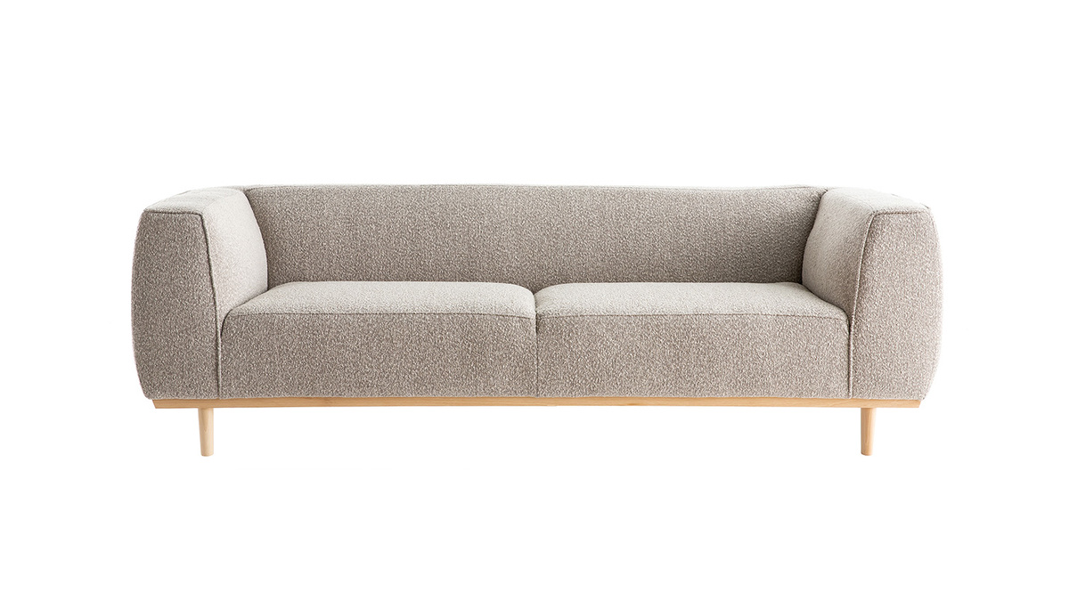 Canap scandinave 3-4 places en tissu effet laine boucle taupe et bois clair MORRIS