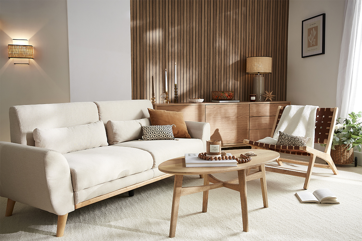 Canap scandinave 3 places en tissu beige et bois clair EKTOR