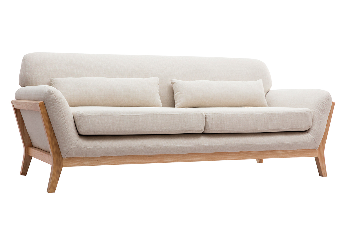 Canap scandinave 3 places en tissu beige et bois clair YOKO