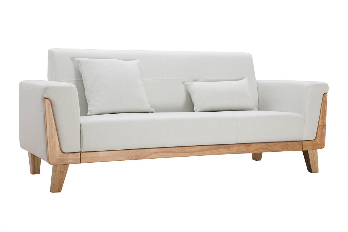 Canap scandinave 3 places en tissu blanc cass et bois clair FJORD