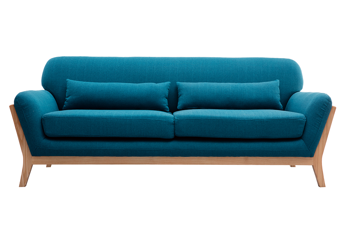 Canap scandinave 3 places en tissu bleu canard et bois clair YOKO