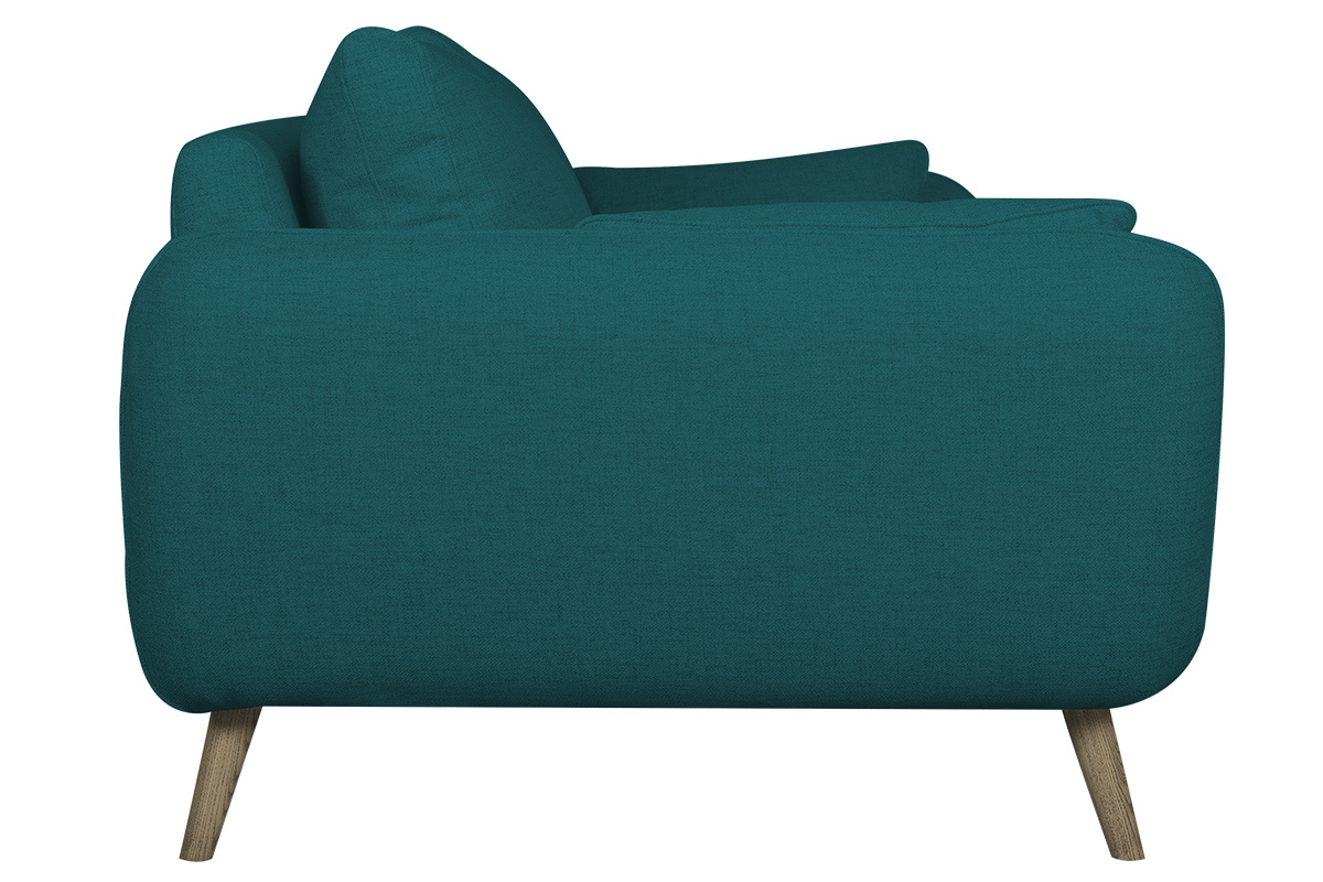 Canap scandinave 3 places en tissu bleu paon et bois clair CREEP