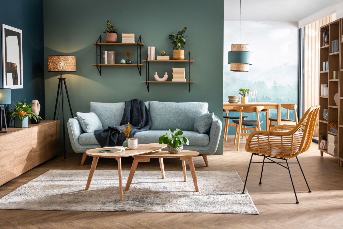 Canap scandinave 3 places en tissu bleu paon et bois clair CREEP