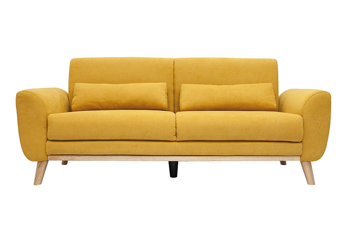 Canap scandinave 3 places en tissu effet velours jaune moutarde et bois clair EKTOR