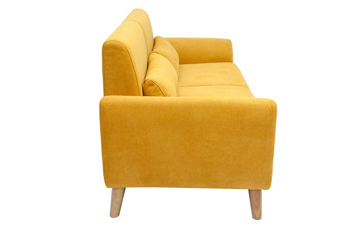 Canap scandinave 3 places en tissu effet velours jaune moutarde et bois clair EKTOR