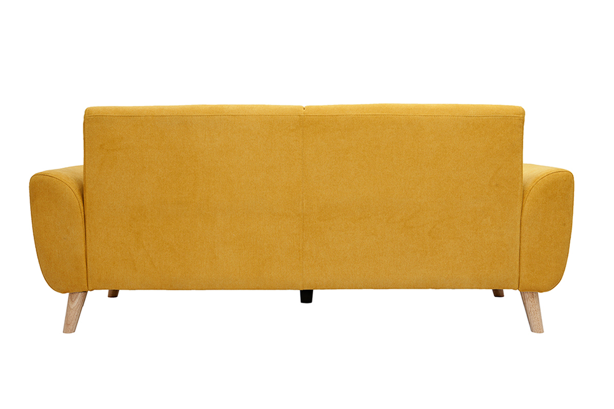 Canap scandinave 3 places en tissu effet velours jaune moutarde et bois clair EKTOR