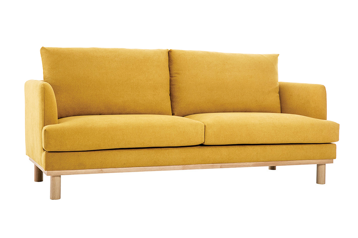 Canap scandinave 3 places en tissu effet velours jaune moutarde et bois clair HOBART