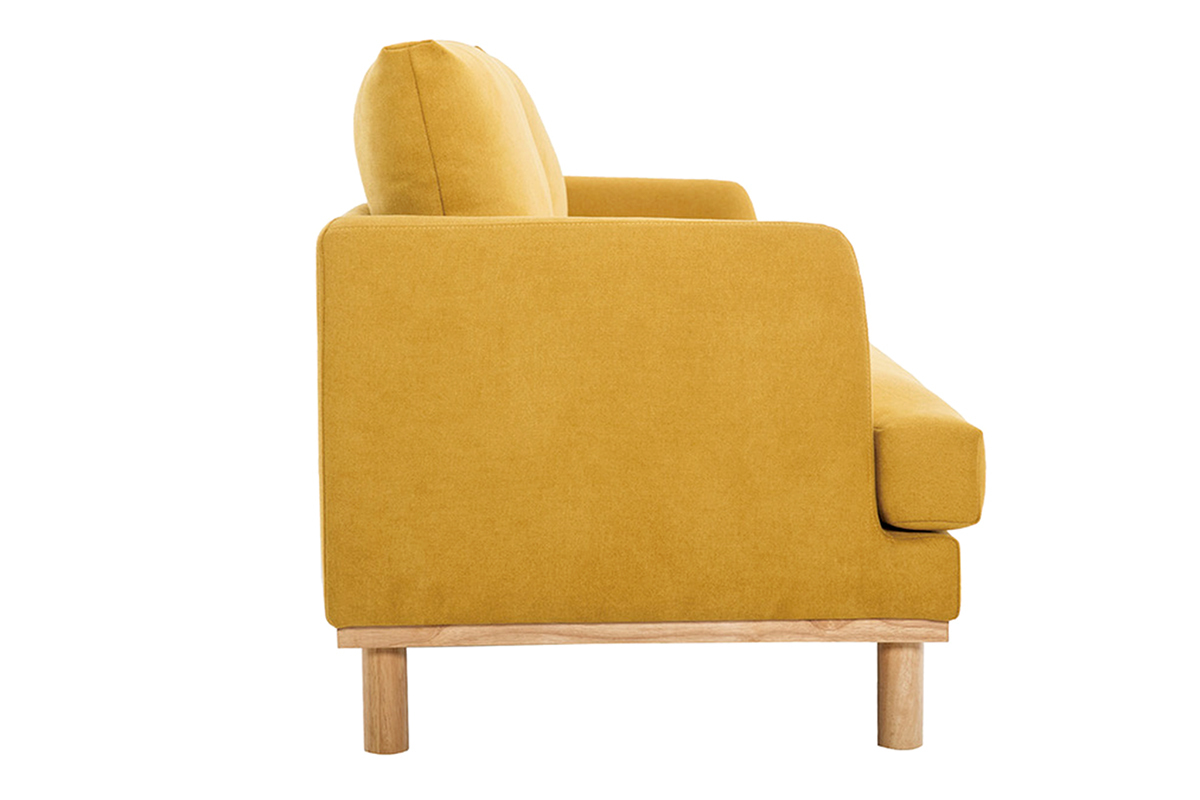 Canap scandinave 3 places en tissu effet velours jaune moutarde et bois clair HOBART