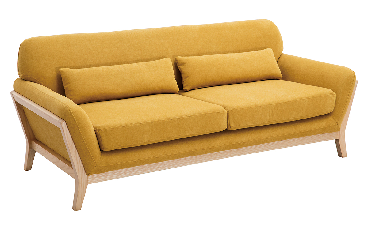 Canap scandinave 3 places en tissu effet velours jaune moutarde et bois clair YOKO