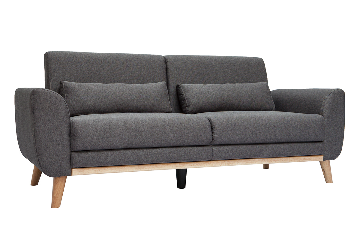 Canap scandinave 3 places en tissu gris fonc et bois clair EKTOR