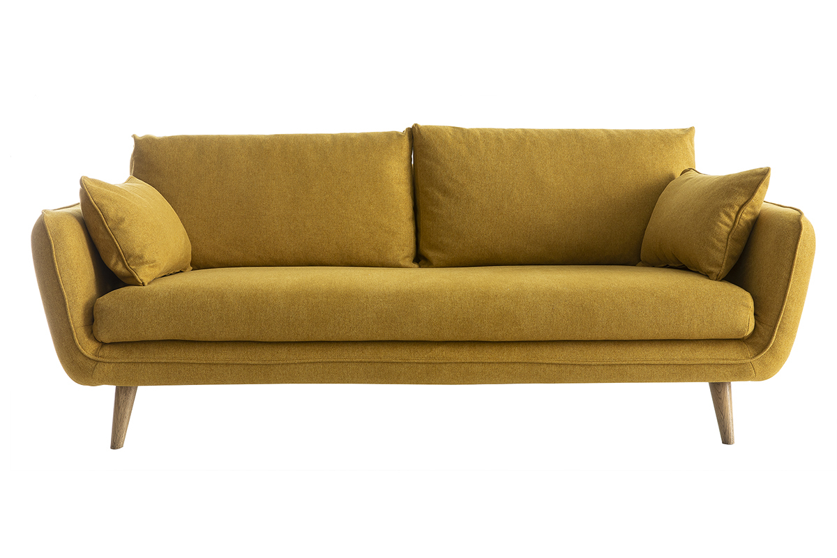 Canap scandinave 3 places en tissu jaune cumin et bois clair CREEP