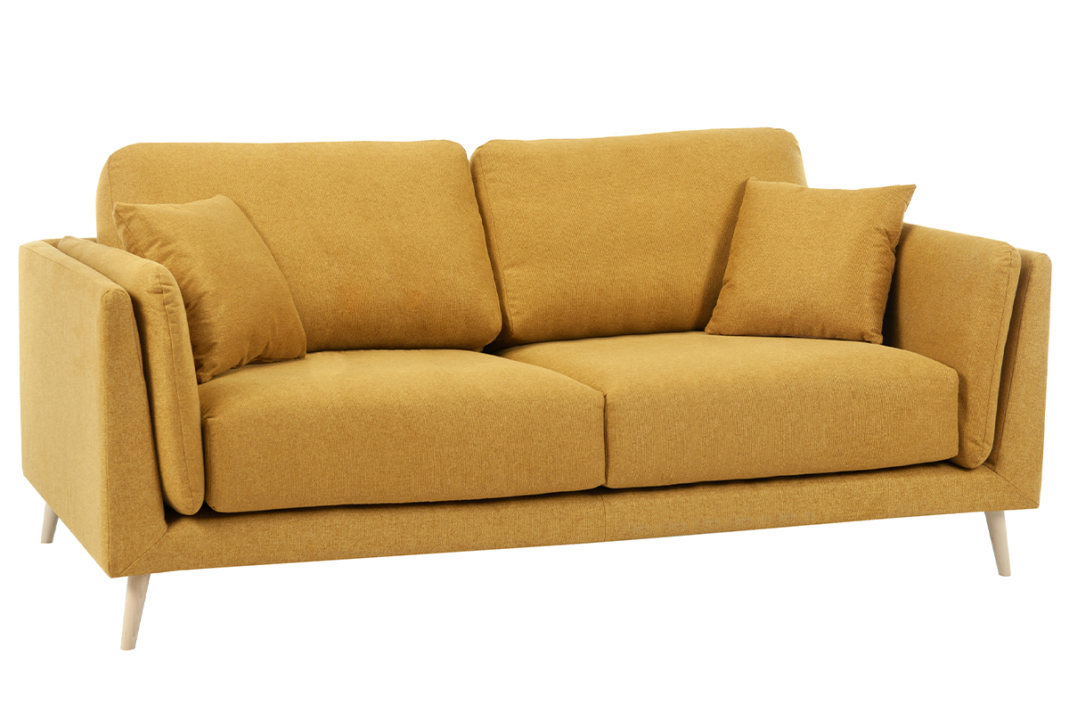 Canap scandinave 3 places en tissu jaune cumin et bois clair VOGUE