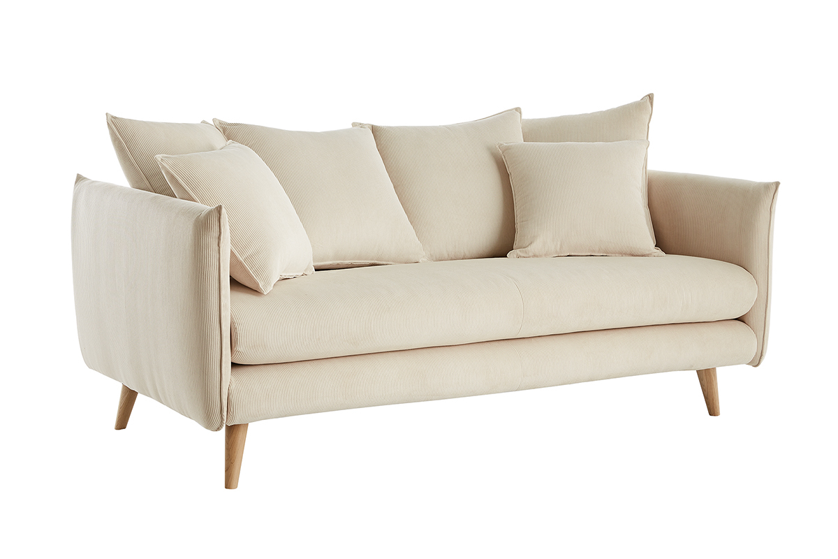 Canap scandinave 3 places en tissu velours ctel beige et bois clair OLYMPIA