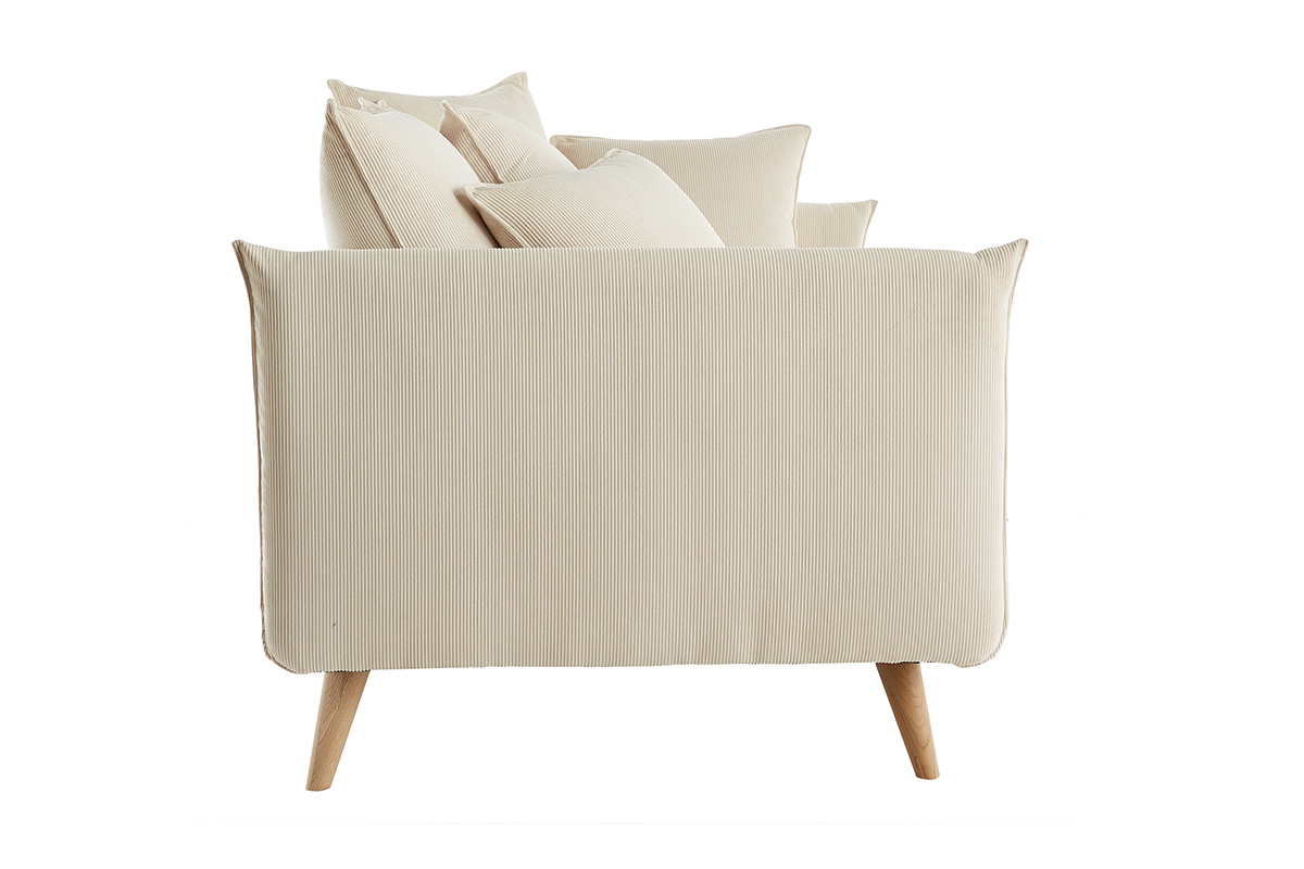 Canap scandinave 3 places en tissu velours ctel beige et bois clair OLYMPIA