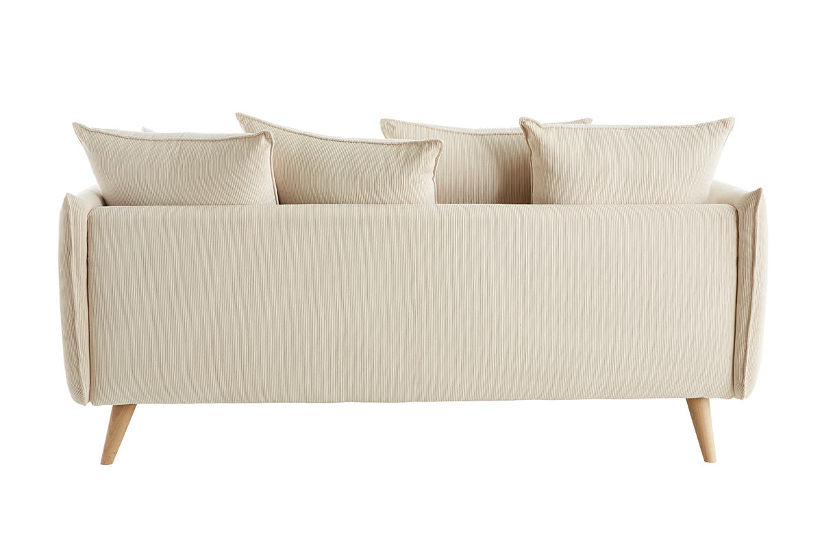 Canap scandinave 3 places en tissu velours ctel beige et bois clair OLYMPIA