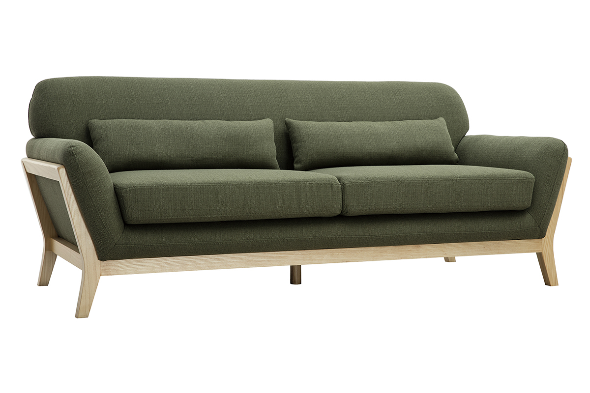 Canap scandinave 3 places en tissu vert kaki et bois clair YOKO