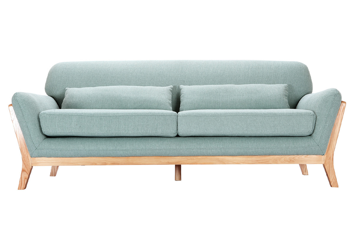 Canap scandinave 3 places en tissu vert lagon et bois clair YOKO