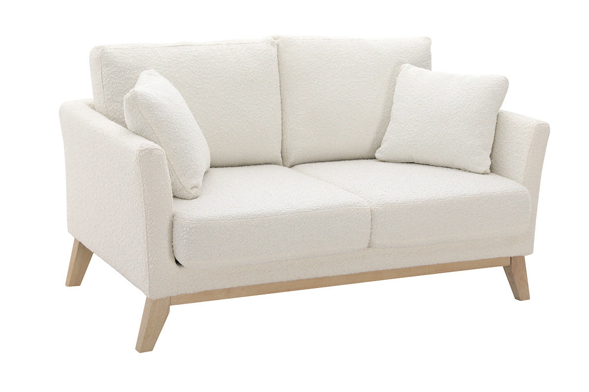 Canap scandinave dhoussable 2 places en tissu effet laine boucle blanc cass et bois clair OSLO