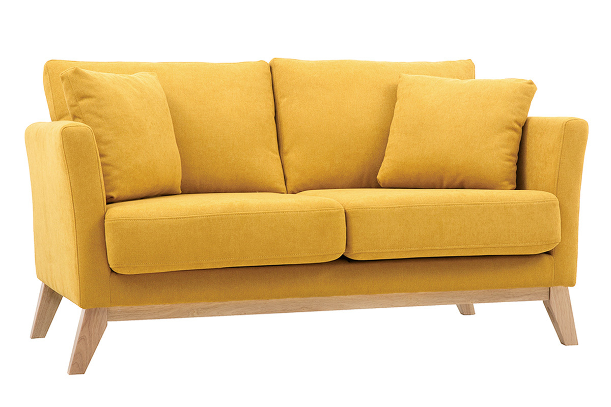 Canap scandinave dhoussable 2 places en tissu effet velours jaune moutarde et bois clair OSLO