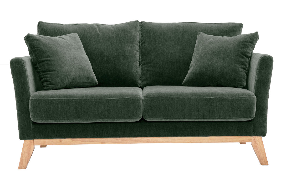 Canap scandinave dhoussable 2 places en tissu effet velours vert kaki et bois clair OSLO