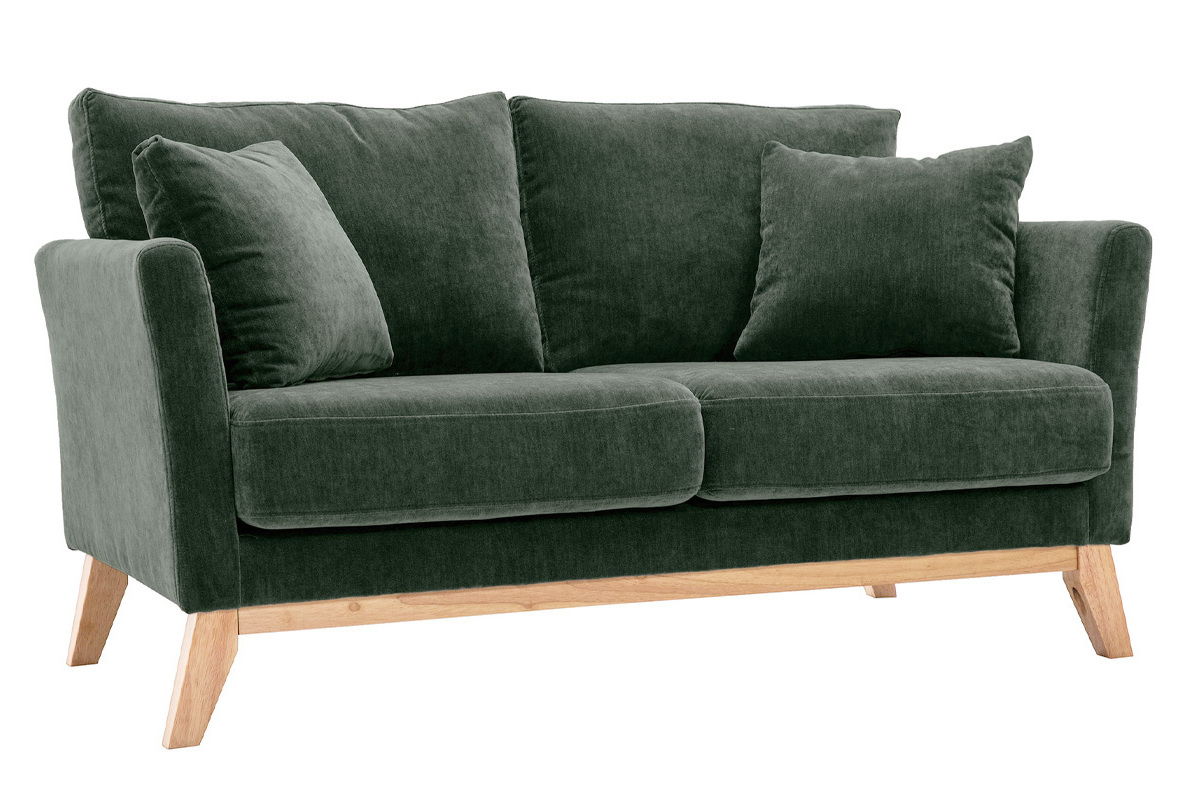 Canap scandinave dhoussable 2 places en tissu effet velours vert kaki et bois clair OSLO