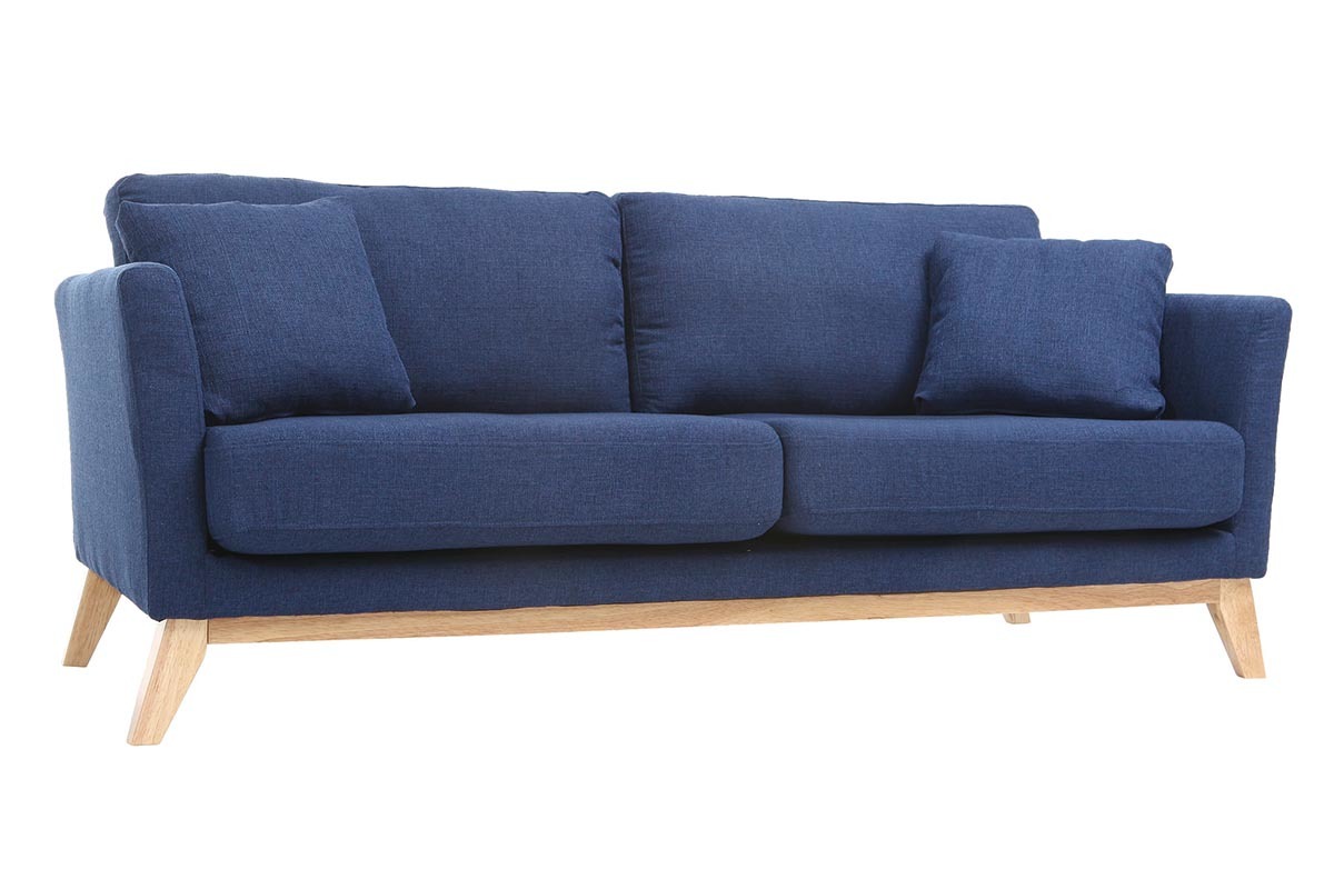 Canap scandinave dhoussable 3 places en tissu bleu fonc et bois clair OSLO