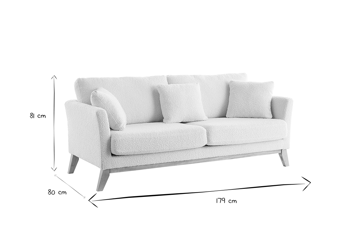 Canap scandinave dhoussable 3 places en tissu effet laine boucle blanc cass et bois clair OSLO