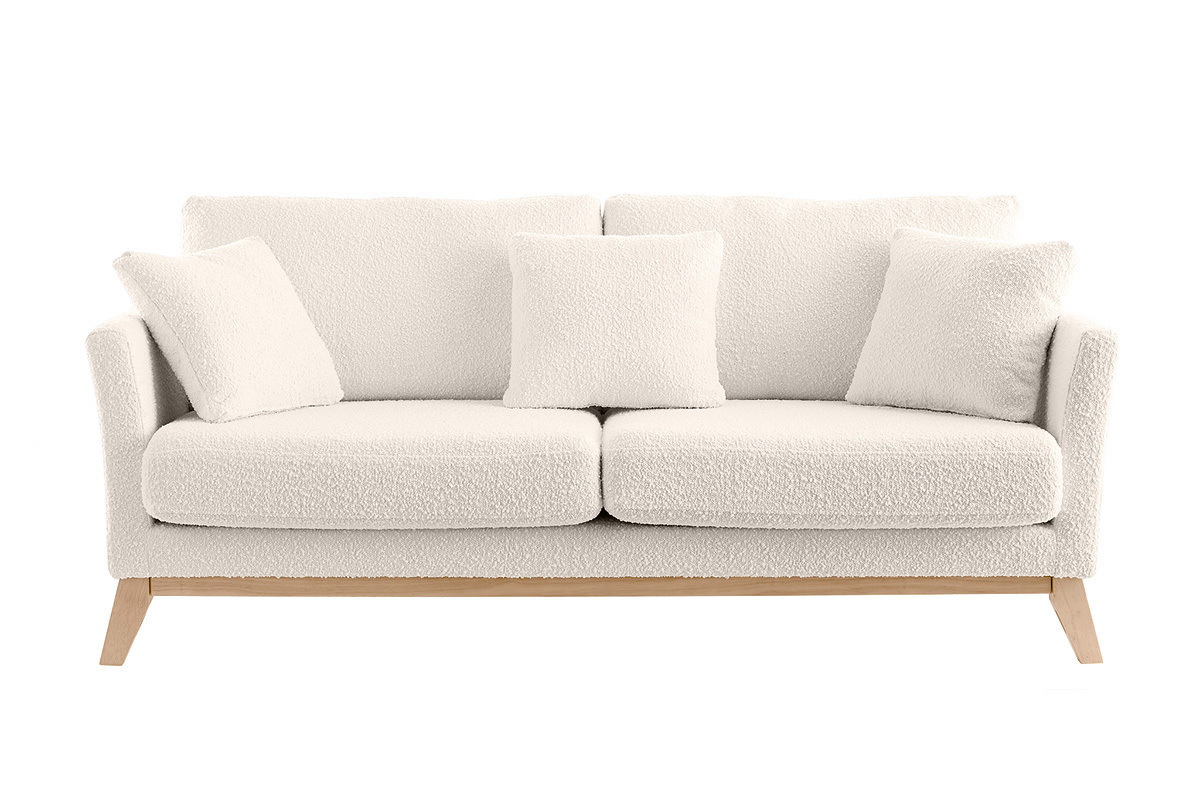 Canap scandinave dhoussable 3 places en tissu effet laine boucle blanc cass et bois clair OSLO