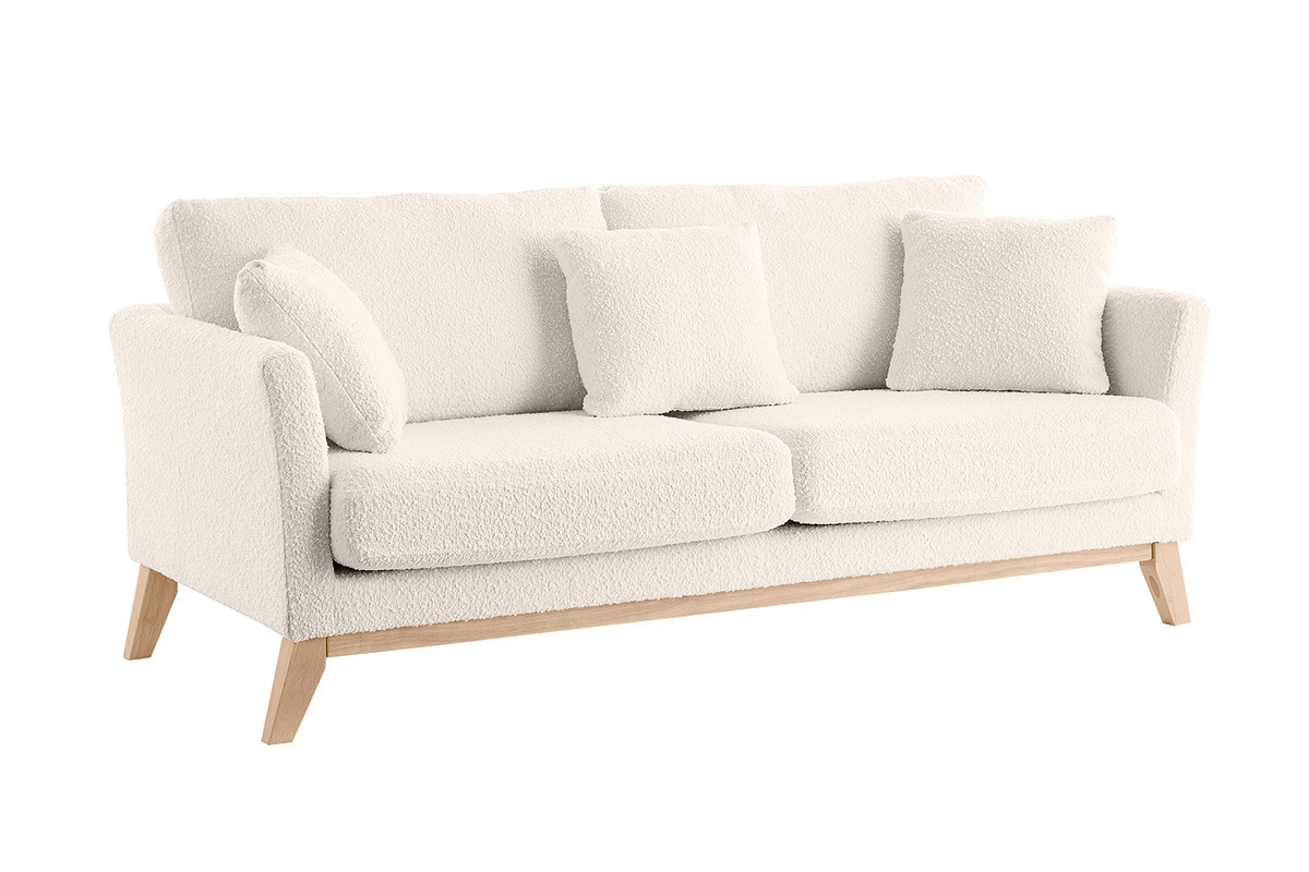 Canap scandinave dhoussable 3 places en tissu effet laine boucle blanc cass et bois clair OSLO