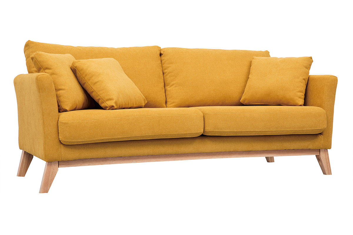 Canap scandinave dhoussable 3 places en tissu effet velours jaune moutarde et bois clair OSLO