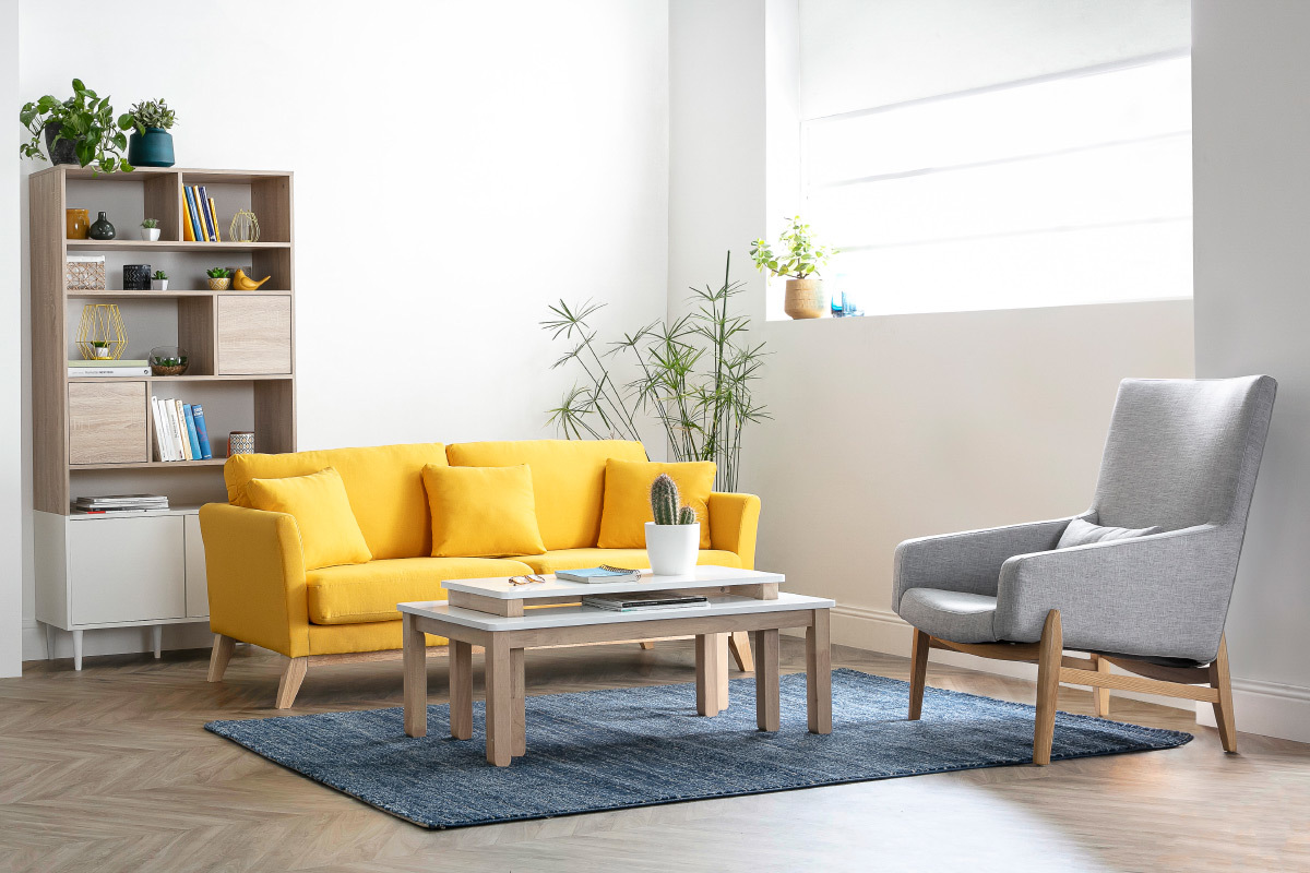 Canap scandinave dhoussable 3 places en tissu jaune et bois clair OSLO