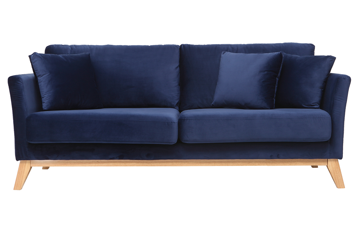 Canap scandinave dhoussable 3 places en tissu velours bleu nuit et bois clair OSLO