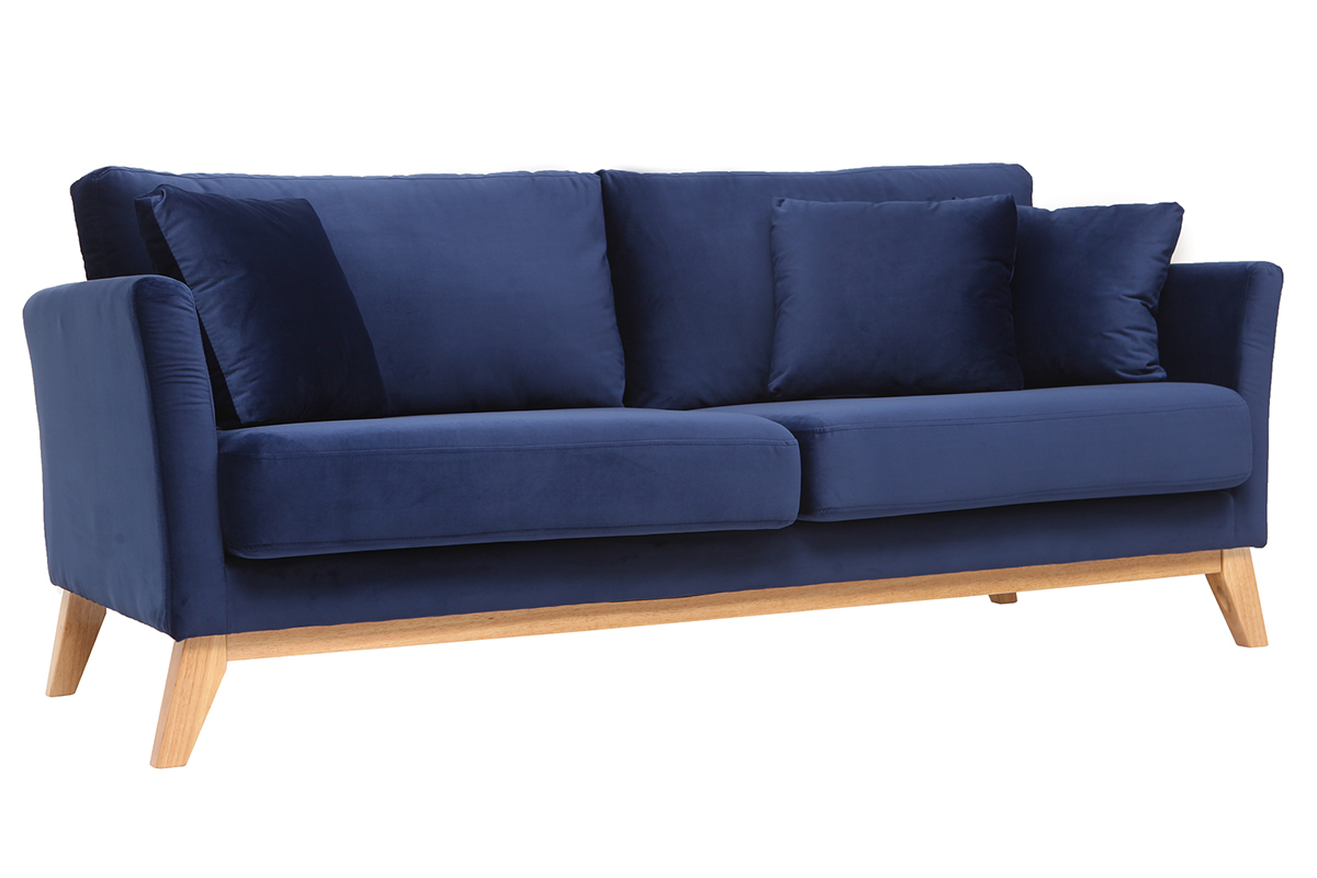 Canap scandinave dhoussable 3 places en tissu velours bleu nuit et bois clair OSLO