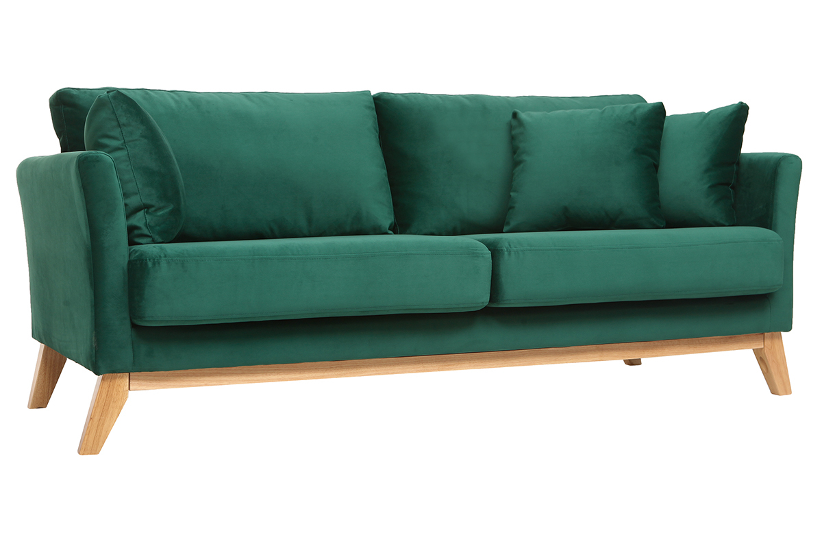 Canap scandinave dhoussable 3 places en tissu velours vert meraude et bois clair OSLO