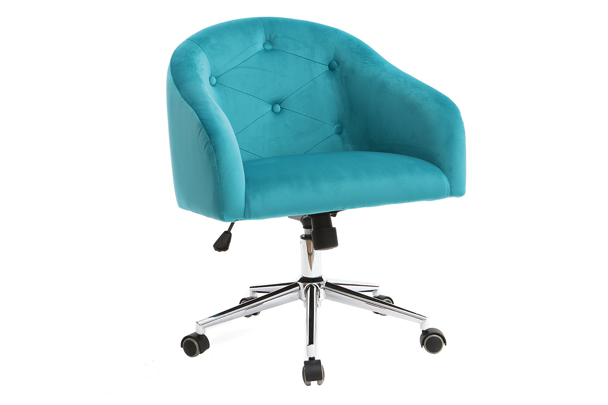 Chaise de bureau  roulettes capitonne en tissu velours bleu azur et acier chrom SHARON