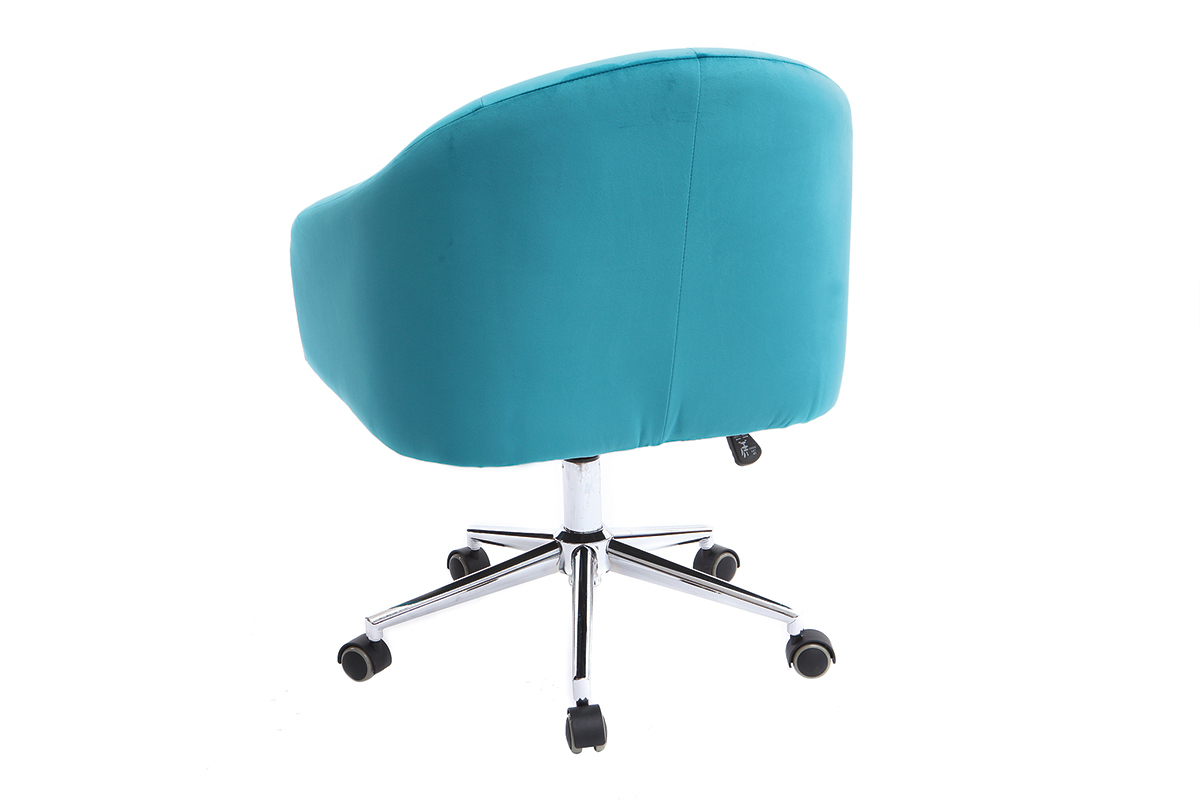 Chaise de bureau  roulettes capitonne en tissu velours bleu azur et acier chrom SHARON