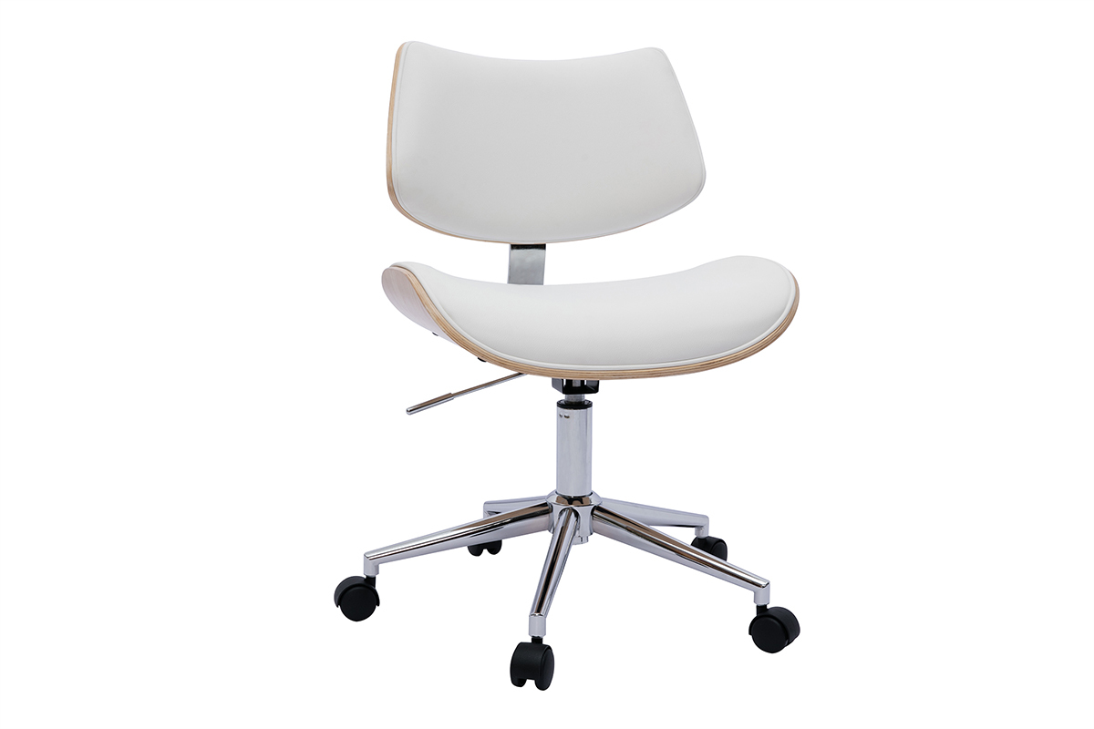 Chaise de bureau  roulettes design blanc, bois clair chne et mtal MALMO