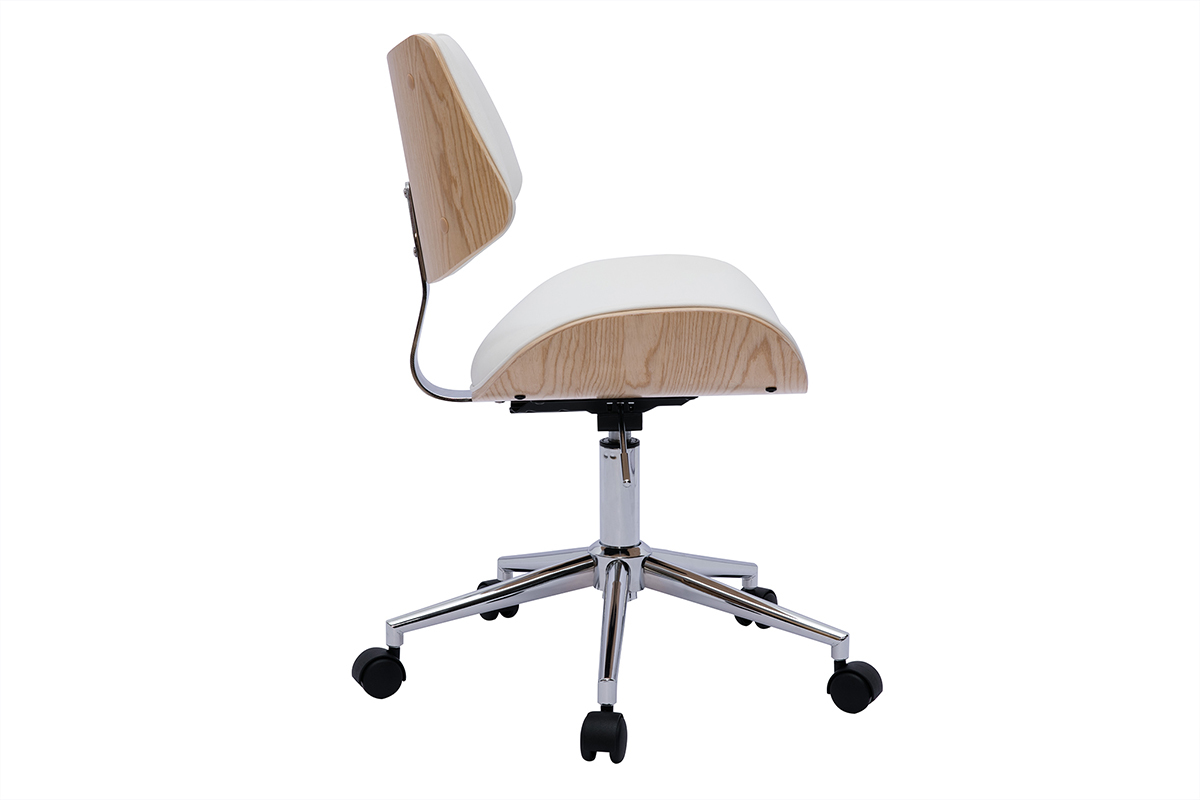 Chaise de bureau  roulettes design blanc, bois clair chne et mtal MALMO