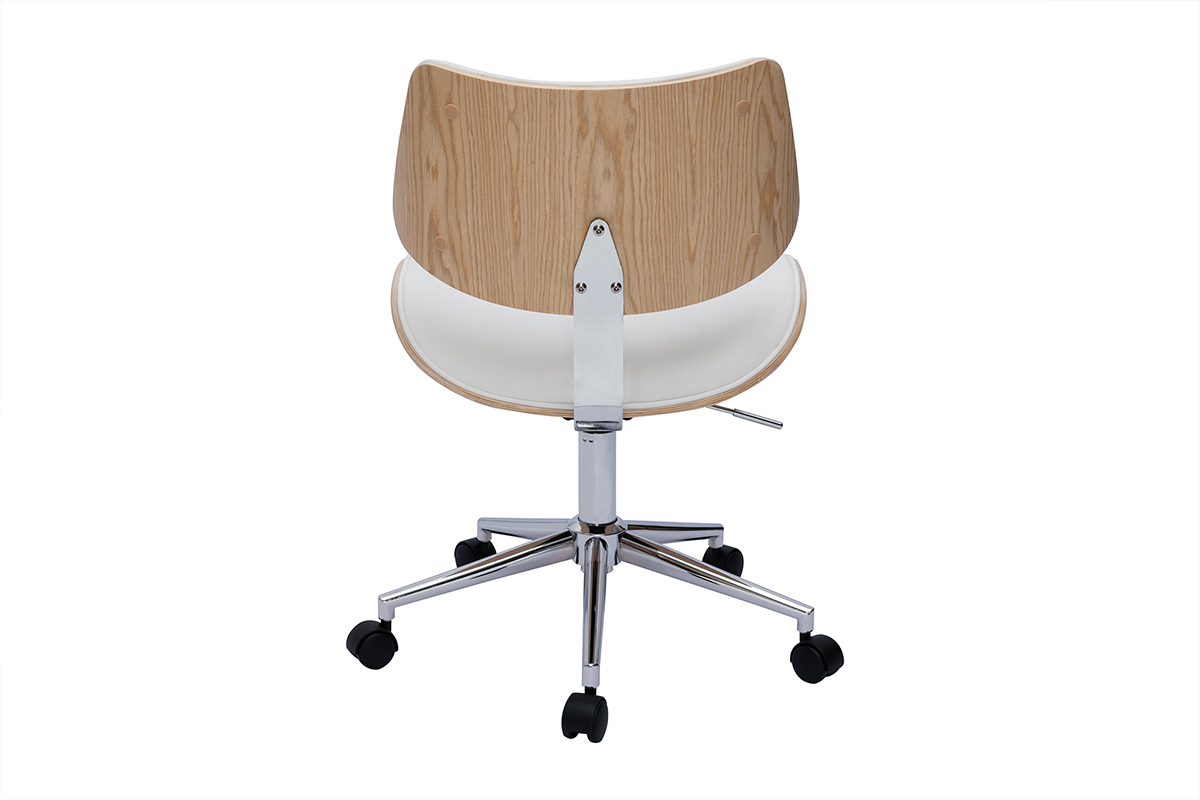 Chaise de bureau  roulettes design blanc, bois clair chne et mtal MALMO