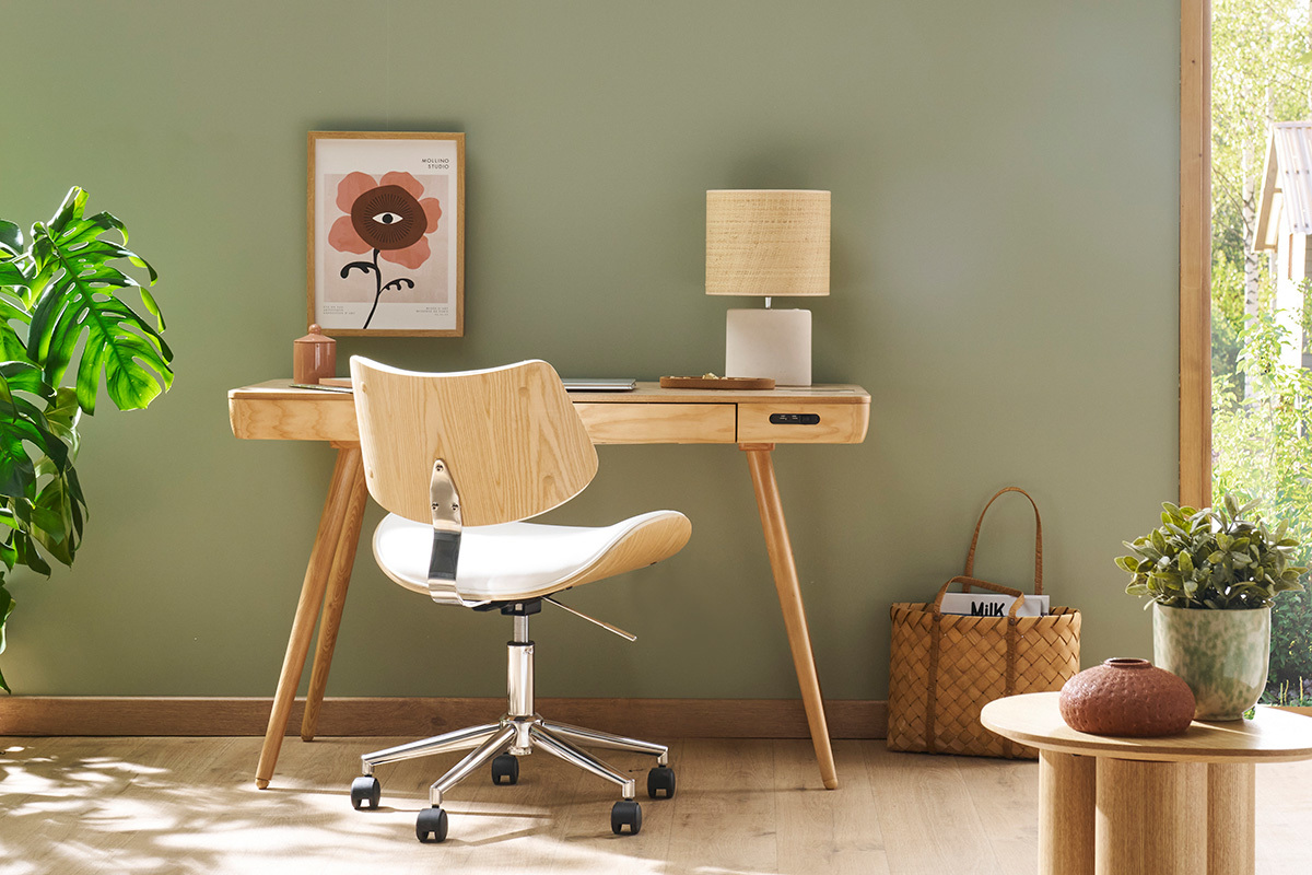 Chaise de bureau  roulettes design blanc, bois clair chne et mtal MALMO