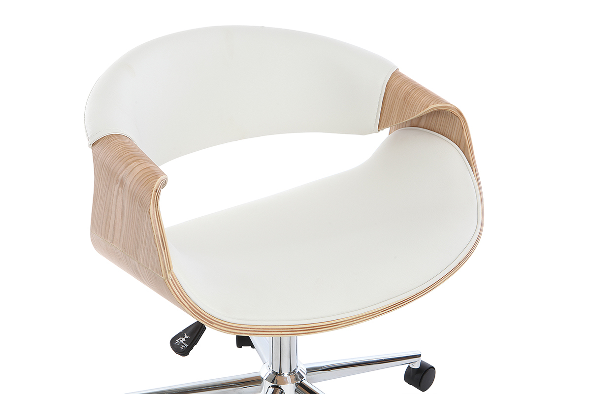 Chaise de bureau  roulettes design blanc, bois clair et acier chrom ARAMIS