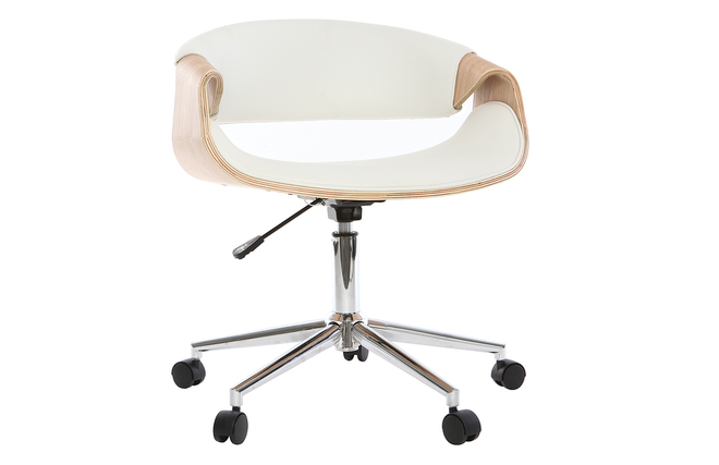 Chaise de bureau à roulettes design blanc, bois clair et acier chromé  MARLOW - Miliboo