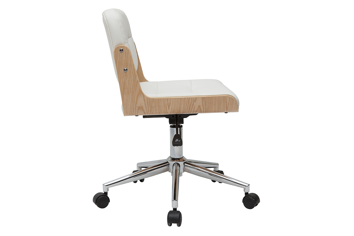 Chaise de bureau  roulettes design blanc, bois clair et acier chrom ARAMON