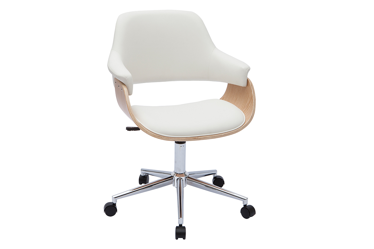 Chaise de bureau  roulettes design blanc, bois clair et acier chrom HANSEN