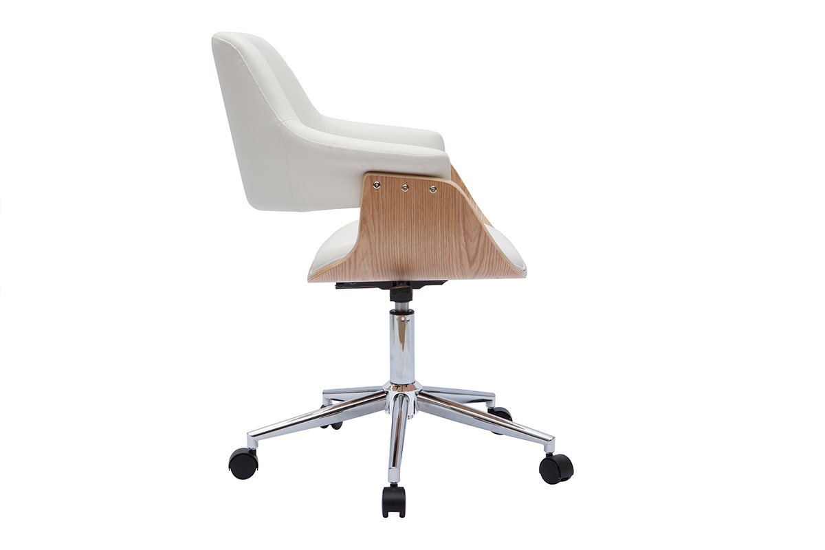 Chaise de bureau  roulettes design blanc, bois clair et acier chrom HANSEN