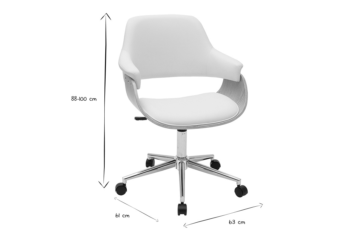 Chaise de bureau  roulettes design blanc, bois clair et acier chrom HANSEN