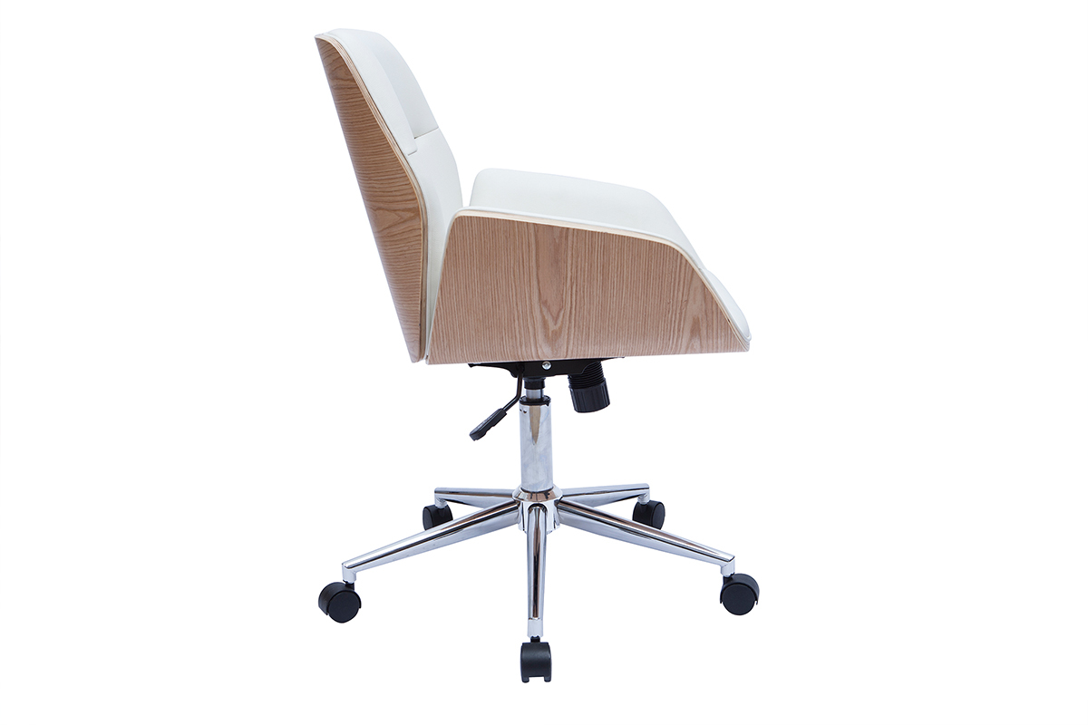 Chaise de bureau  roulettes design blanc, bois clair et acier chrom  MARLOW