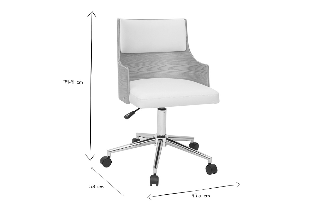 Chaise de bureau  roulettes design blanc, bois clair et acier chrom MAYOL