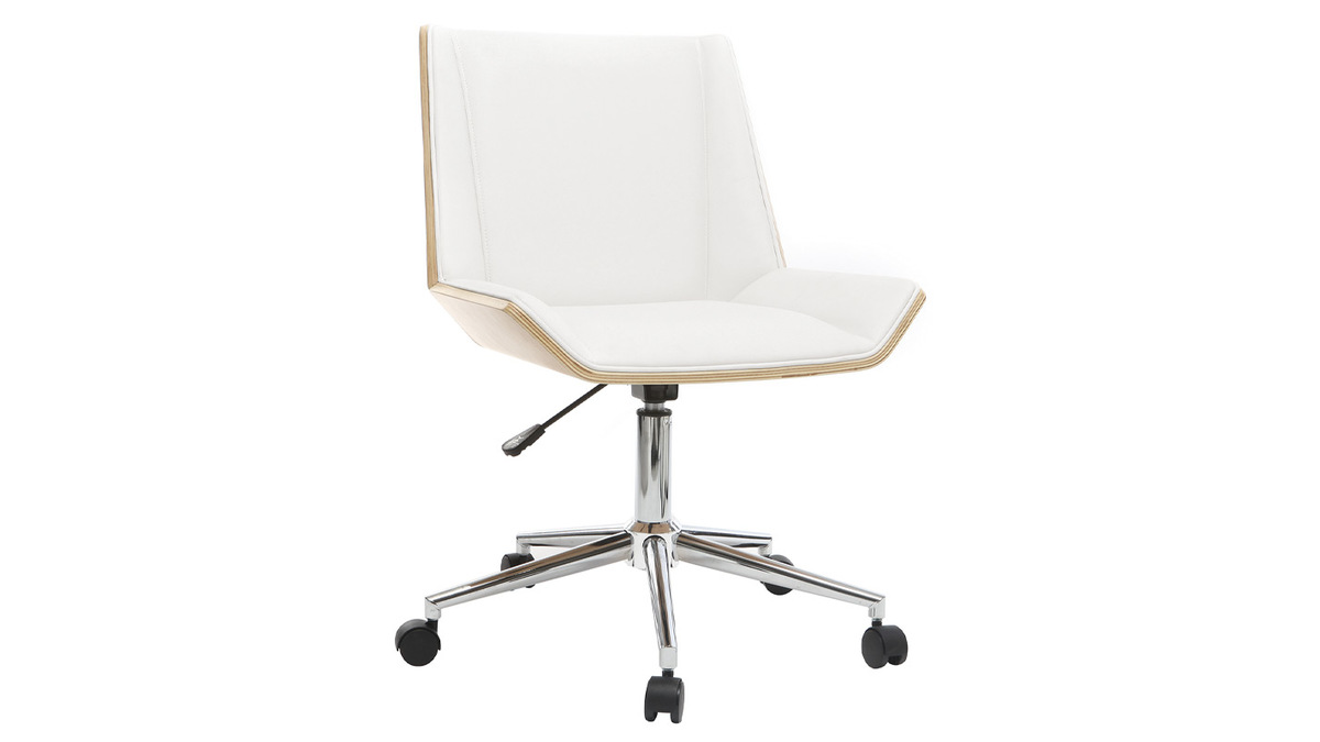 Chaise de bureau  roulettes design blanc, bois clair et acier chrom MELKIOR