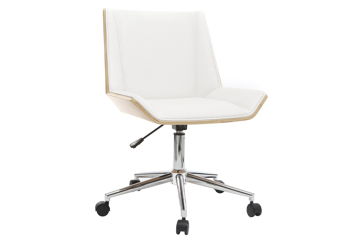 Chaise de bureau  roulettes design blanc, bois clair et acier chrom MELKIOR